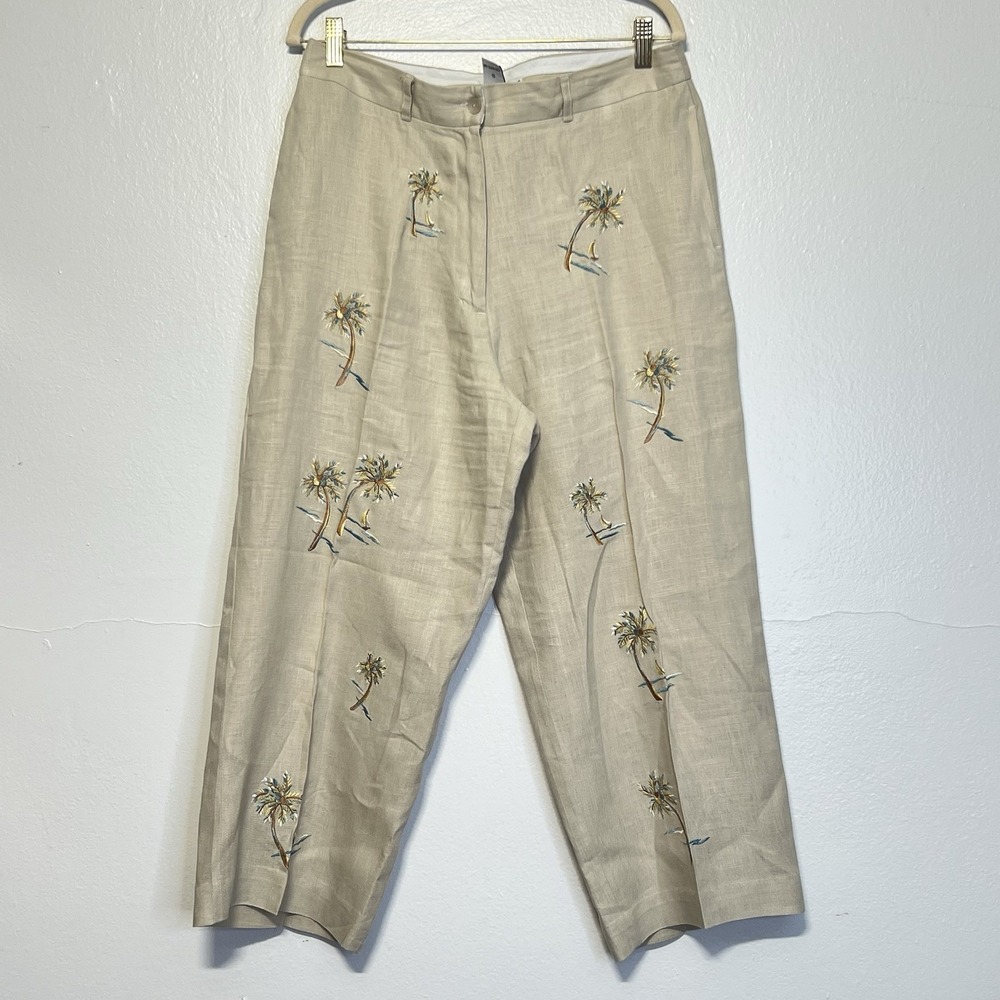 Deane & White Linen Pants Tan Beach novelty Embroidery Cropped‎ Pockets Sz 12